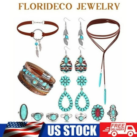 Western Bohemian Turquoise Jewelry for Women Bracelet Pendant Choker Earrings