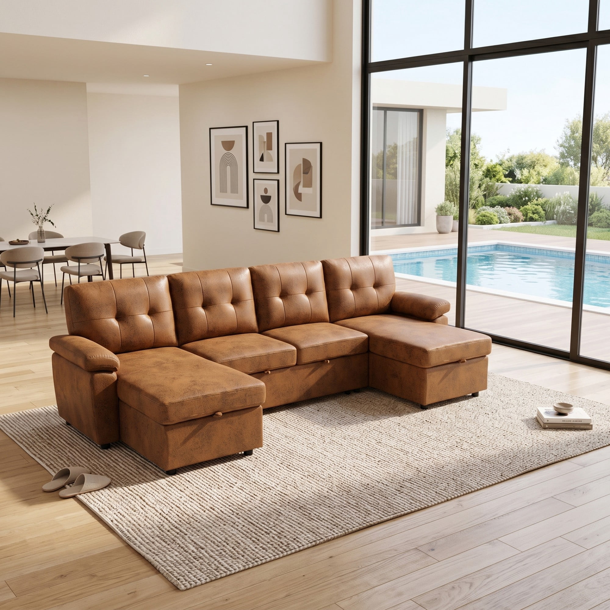 BSHTI 112" Polyester Fabric U-Shaped Sectional Sleeper Sofa Bed with Pull-Out Bed,Tufted Back Cushions and Storage Chaise for Living Room(Light Brown)