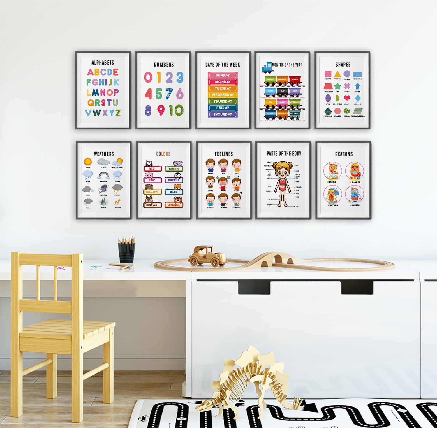 Traceease 10 Educational Posters for Classroom Decor & Kindergarten Homeschool Supplies Baby, Laminated Preschool Learning Chart Materials - Alphabet, Days Of The Week, Feelings, Part of Body, Seasons