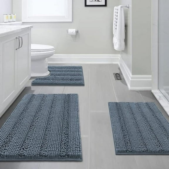 Primebeau Chenille Bathroom Rugs Set, 3-Piece Non-Slip Absorbent Microfiber Bath Mats for Tub, Shower & Toilet