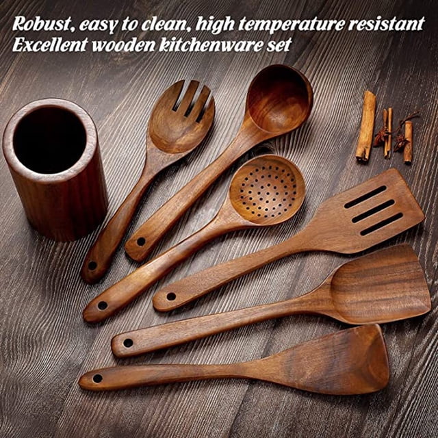 Juego de utensilios de cocina de madera, cucharas de madera para cocinar, cucharas de madera de teca natural para sartén antiarina, regalo, 1-9 piezas, juego zhangmengya LED