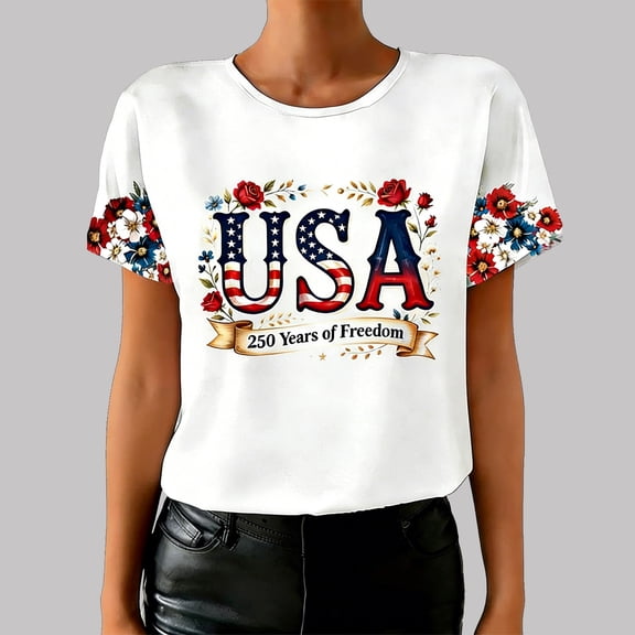 Fshinging Womens T Shirt 250 Anniversary Letter Print Patriotic Short Sleeve 4th of July Gift Clothes White L