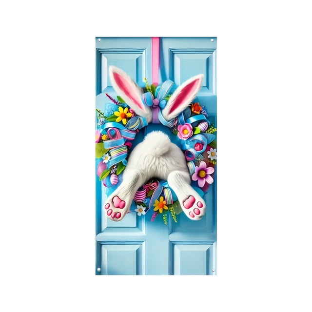 Easter Door Curtain with Easter Egg Rabbits Print Festival Door Cover for Home Decor 2Pc