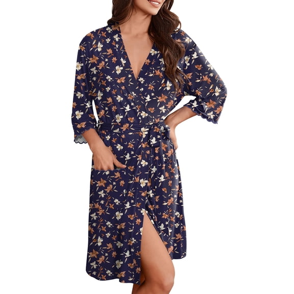 Ekouaer Robes for Women Knee Length Kimono Bathrobe Lightweight 3/4 Sleeve Sleepwear soft Loungewear with Pockets