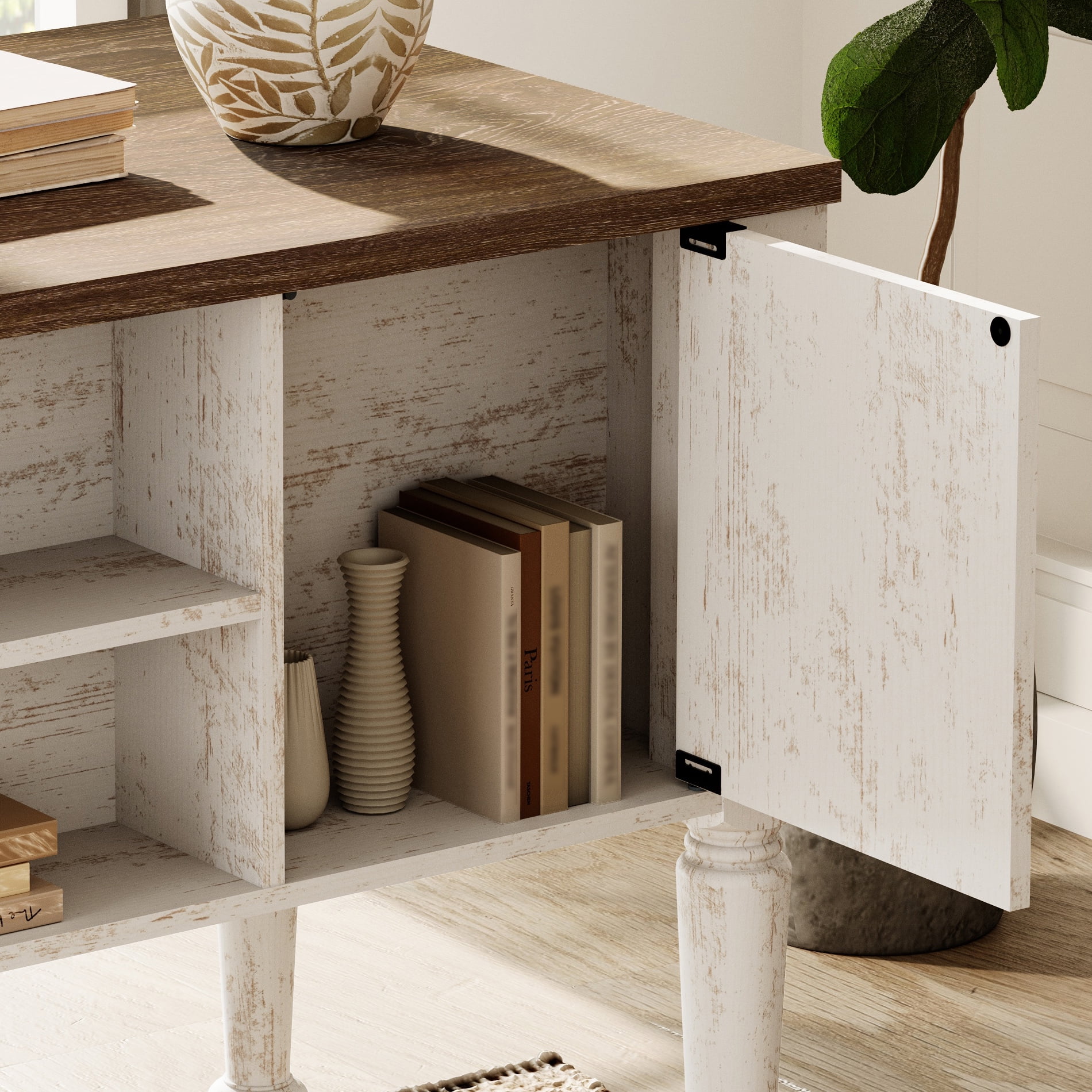 Vanity Desk with 5 Drawers, Home Office Desk with Charging Station, No Mirror, Makeup Vanity Dressing Table with Rear Cabinet Storage, Door, Open Shelf for Bedroom, Rustic White