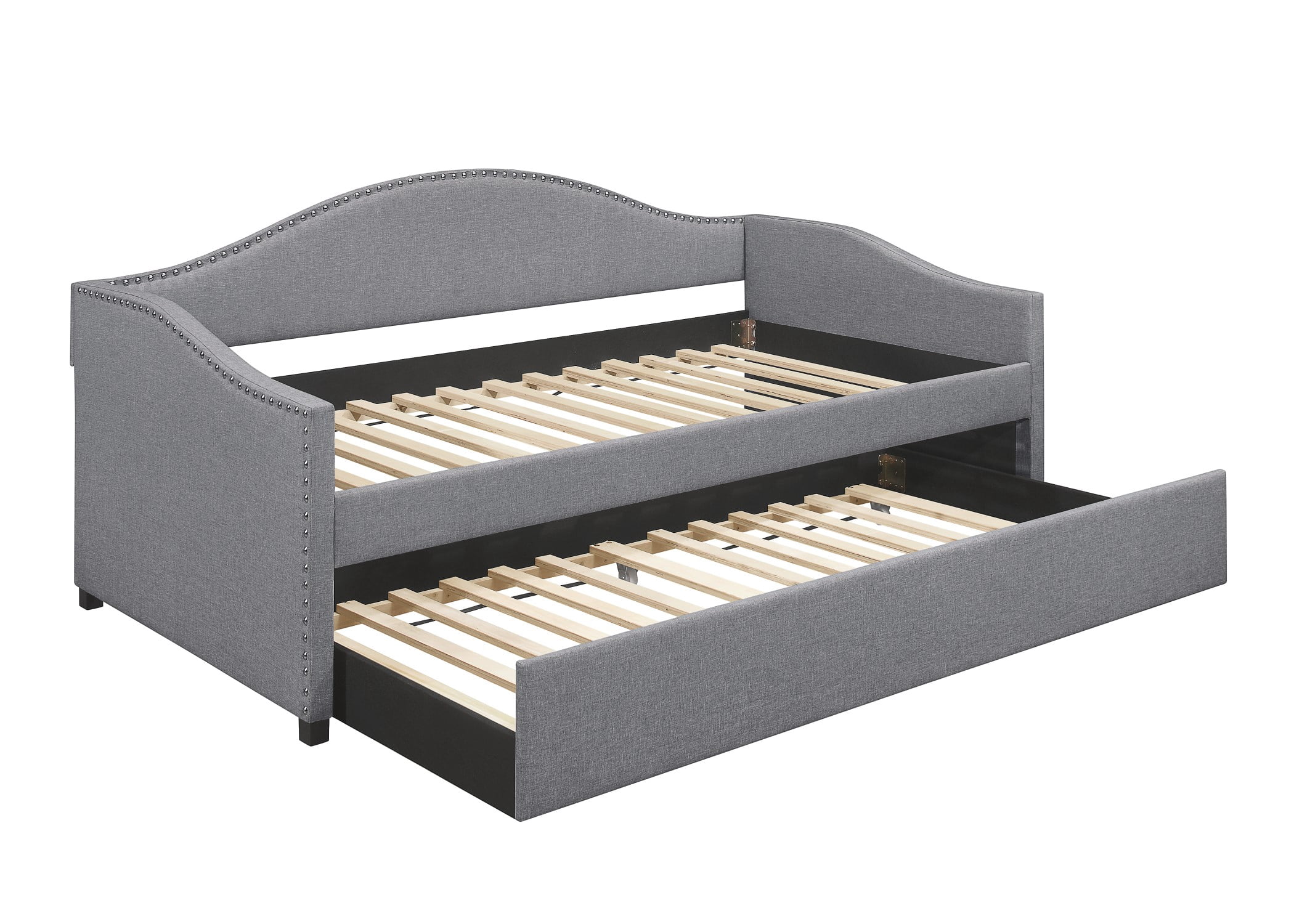 Home Design Clanton Twin Daybed with Pull-Out Trundle, Polyester Upholstery, Nailhead Trim, French Country Design, Stylish and Practical for Living Room or Guest Room, Light Gray