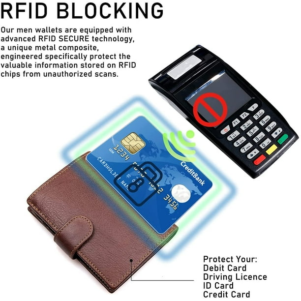 Large RFID Genuine Leather Card Holder Trifold Wallet Snap Closure 3 ID  Windows for men