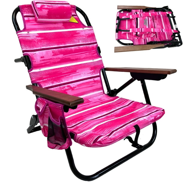 Backpack Beach Chair - 5 Positions and Lays Flat â Deluxe Wood Arm Rests â Cup Holder Storage 