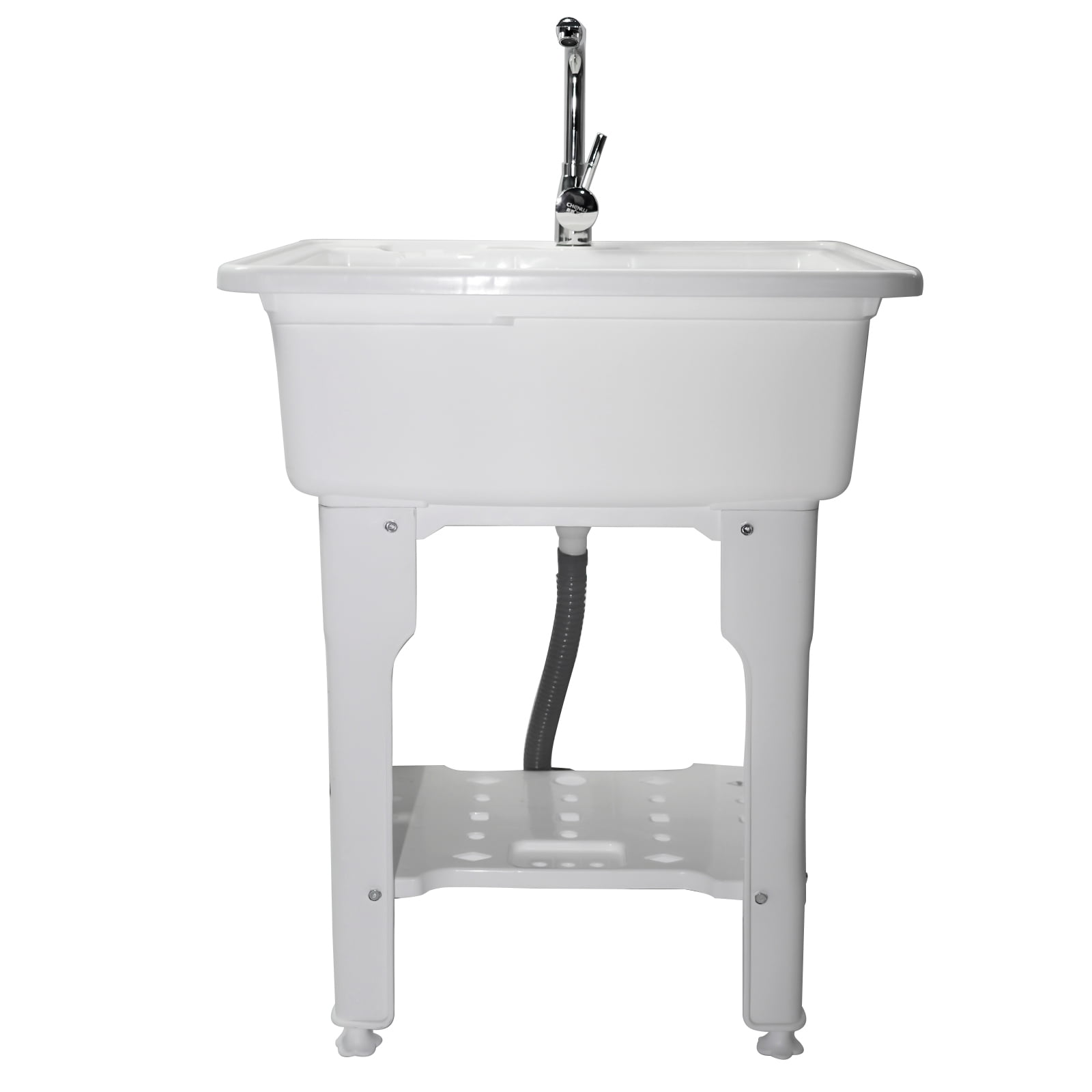 Freestanding Plastic Utility Sink Laundry Tub outdoor sink Drop in Deep sink kit with Inlet and Drain Pipe with Hot&Cold Faucet,Basement for Laundry Room&Garage or Shop,Size:25.59*21.65*31.5in(white)