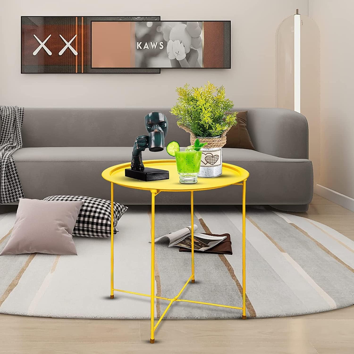 Folding Tray Metal Side Table 2PC Yellow Round End Table Cyan Sofa Small Accent Fold-able Table, Round End Table Tray, Next to Sofa Table, Snack Table for Living Room and Bed Room