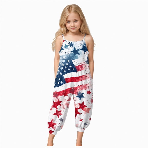 JUMEYU Girls Jumpsuits Sleeveless Girls Casual Sleeveless Jumpsuits Strap Loose Romper Long Pants with Pockets 5T 6T (Dark Blue,5-6 Years)