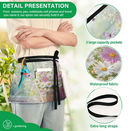 

YAZAOO Aprons with Pockets for Server Aprons with 3 Pockets Water Resistant Half Waist Apron Basket Of_flowers_and_butterfly