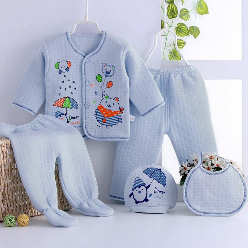 Bwdbhd New Born Babies Gift Set 5 Pieces Baby Boy Stuff Pure Cotton Clothing Set Casual New Born Baby Clothes Set Blue,One Size