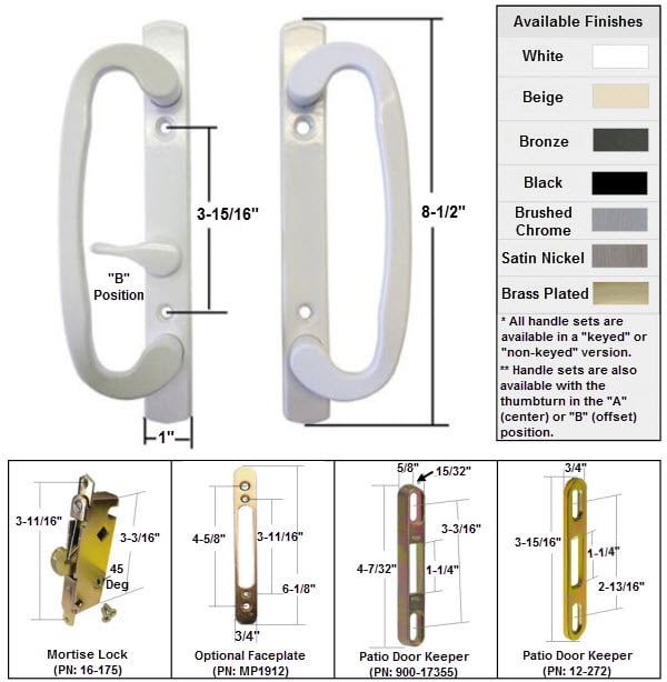 Sliding Glass Patio Door Handle Kit Mortise Lock and Keepers B-Position White 