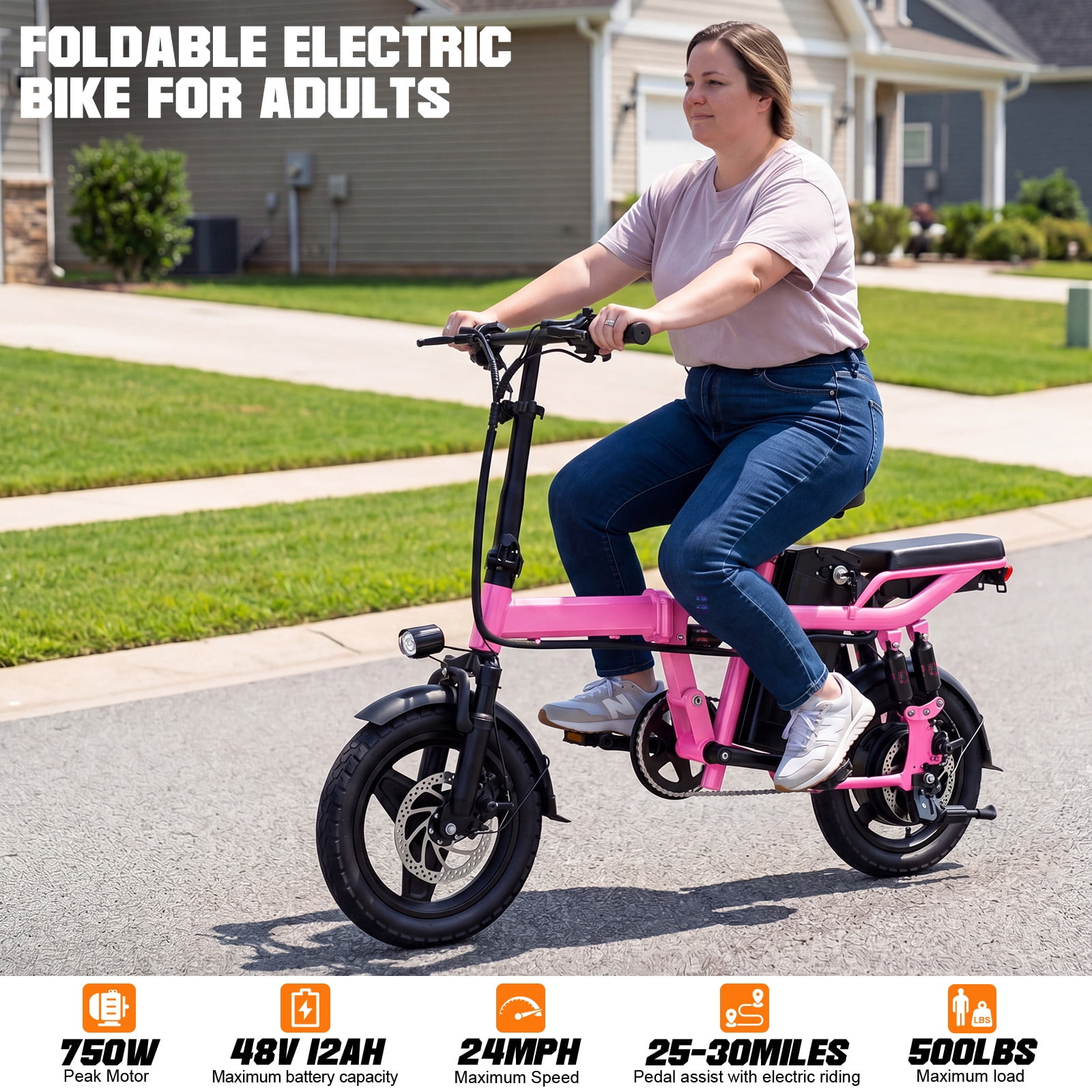14''Foldable Adult Electric Bike, 48V 12ah 750W Motor, 3-Speed Gearing, Six-Spring Shock Absorber, Front And Rear Led Safety Lights, Portable Design, With Basket/Phone Holder/Lock,Pink