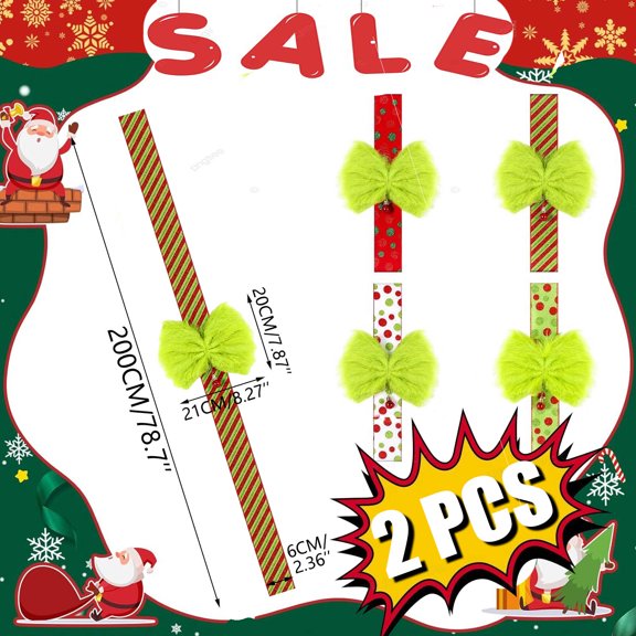 KOYPTL 2pcs-Christmas Bows and Ribbon for Cabinet Door,Green Long Faux Furs Bows Polka Dots Ribbons for Christmas Holiday Fireplace Festive Gift Wrapping Supplies & Furniture Windows Kitchen Decor