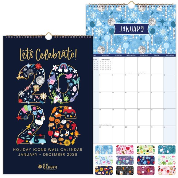 bloom daily planners 2026 Calendar Year Monthly Hanging Wall Calendar (January through December 2026) - Large 11â€ x 17â€ - Holiday Icons
