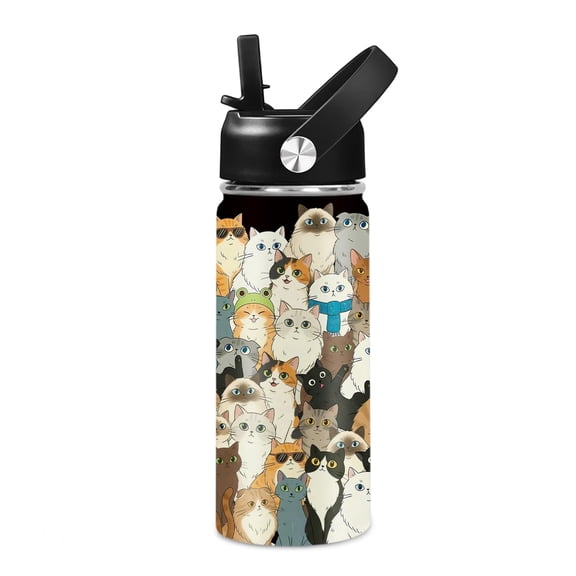 16oz Cats Water Bottle with Straw Lid for Cat Lover, Stainless Steel Insulated Tumbler, Leakproof, BPA-Free, for Travel, Sport, Birthday Gift Cup for Women