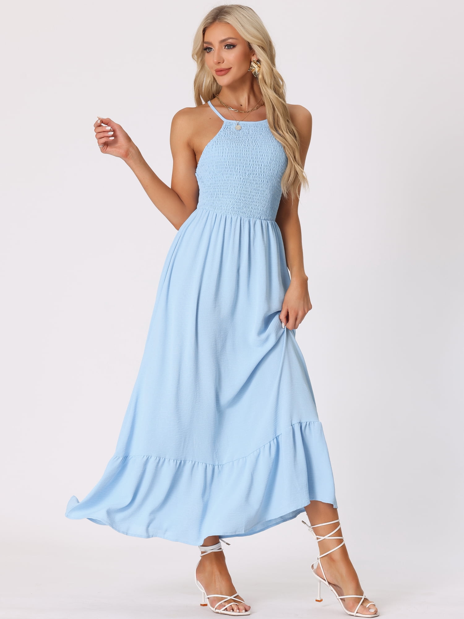 DARING DIVA Smocked Halter Neck Backless Summer Maxi Dress L Light Blue