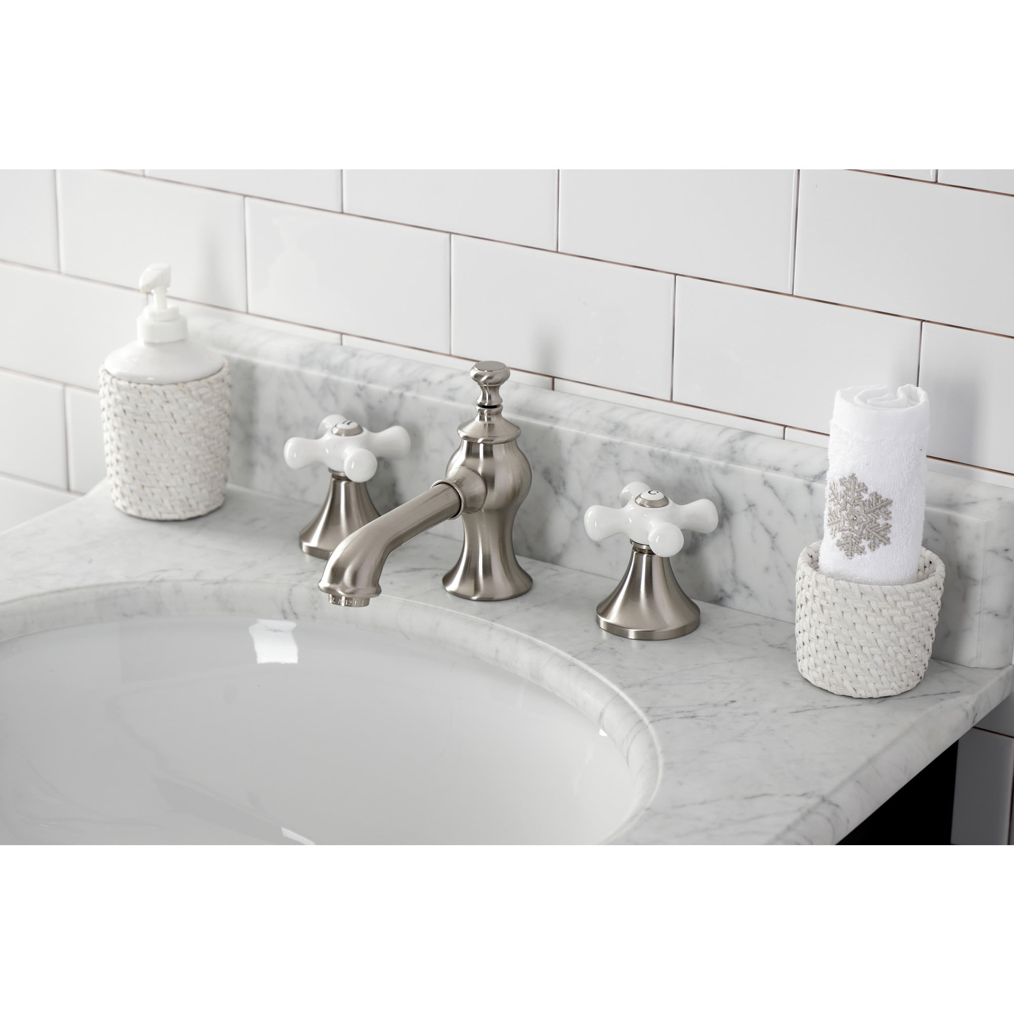 Kingston Brass KC7068PX Vintage Widespread Bathroom Faucet with Brass Pop-Up, Brushed Nickel