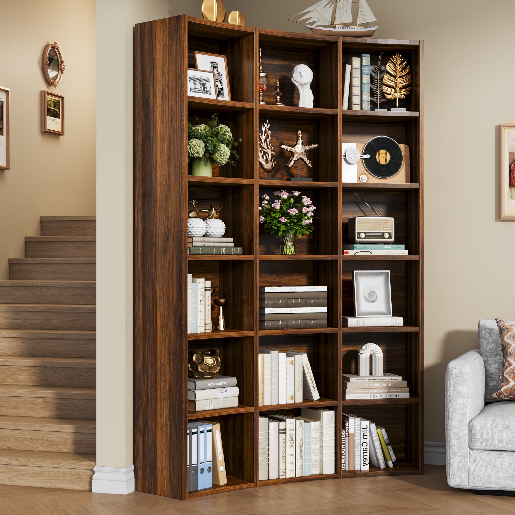 Cikuso 71" Triple Width Bookcase, 18-Cube Curved Bookshelf Corner Bookcase, Curve Shape Display Storage Shelf for Living Room, Home Office, Brown