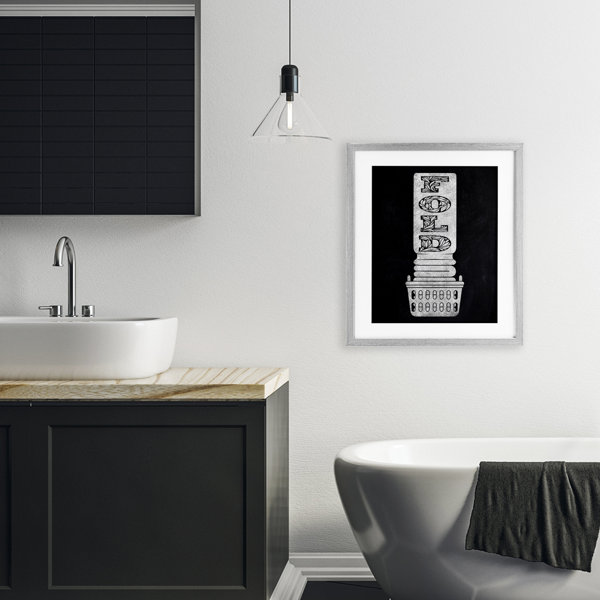 Laundry Fold Ornate Letters Gray Framed Print Under Glass, design by Marcus Prime