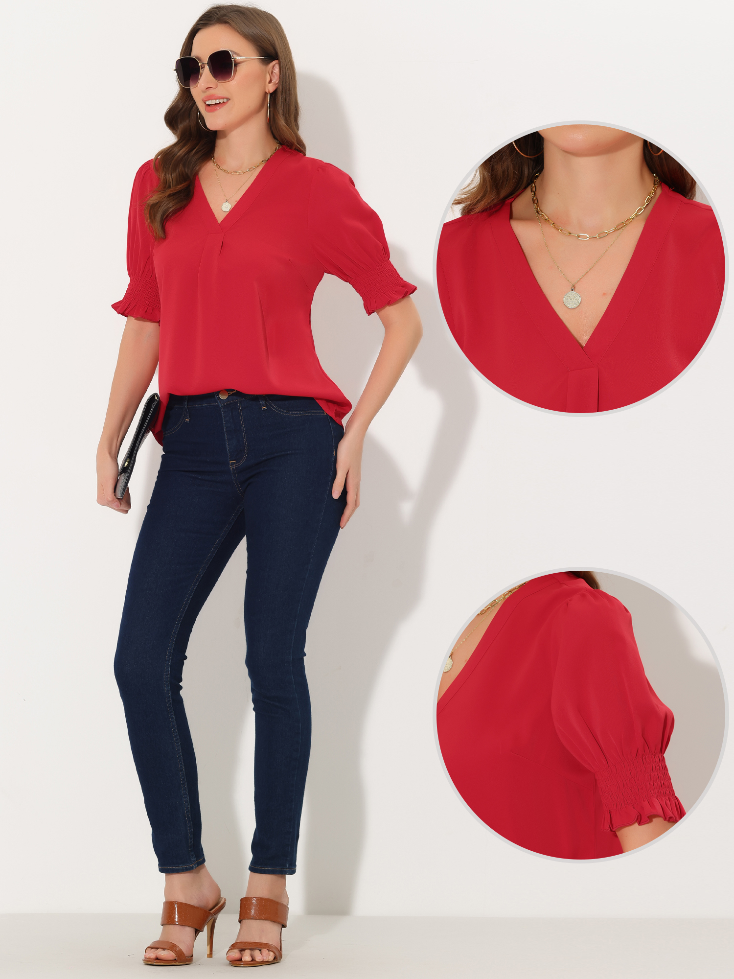 DARING DIVA Women's Puff Short Sleeve Retro V Neck Fashion Top L Red