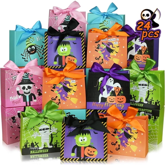 DECHISY 24PCS Halloween Treat Bags, Trick or Treat Goodie Candy Paper Bags with Ribbons, Halloween Treat Boxes for Kid, Party Supplies, Trick or Treat, Classroom Exchange 4.5 x 3.9 x 1.7 Inch