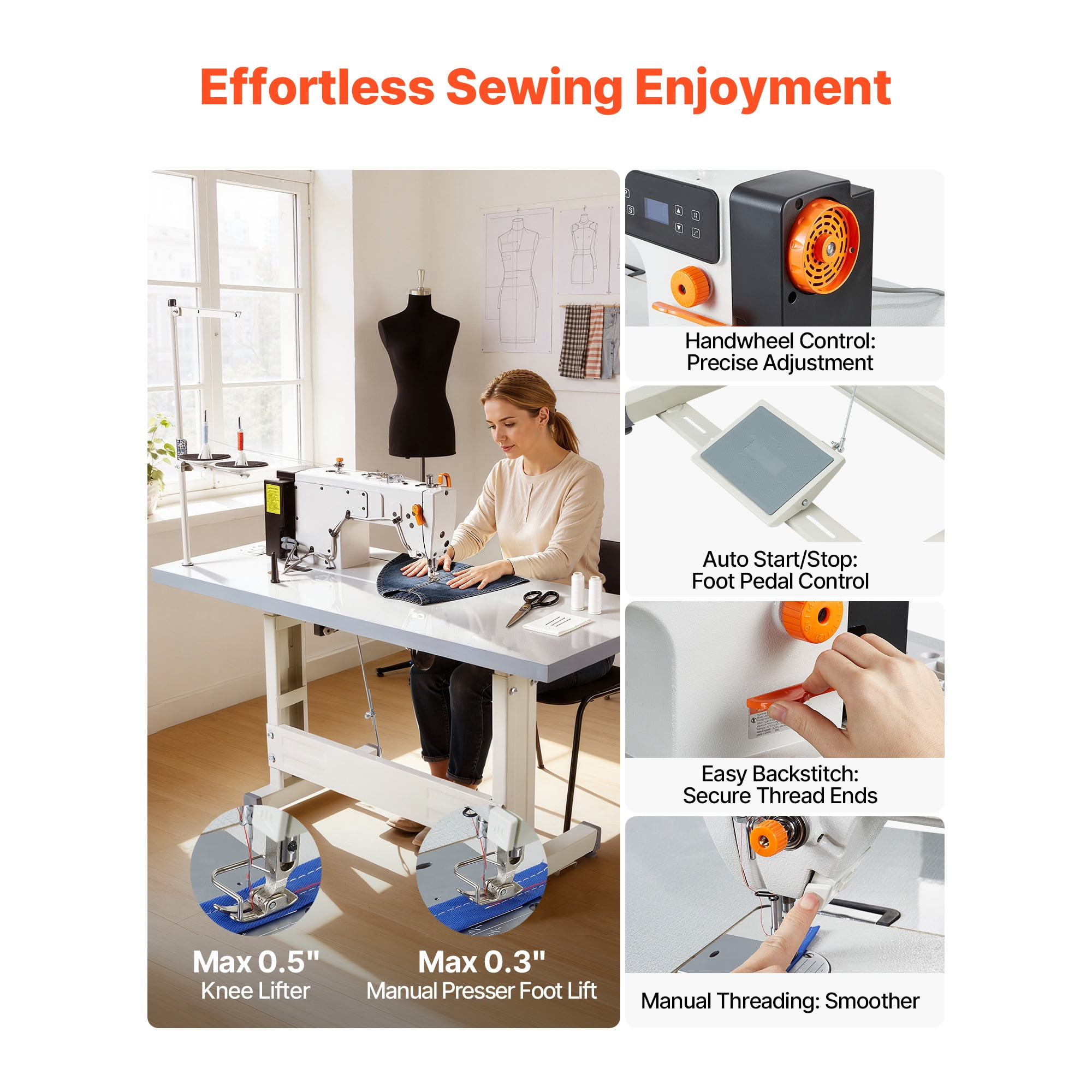 KFFKFF Industrial Sewing Machine, 550W Lockstitch Set with Servo Motor and Table Stand, 5000 SPM High-Speed Operation, Durable Metal Frame, LCD Display, LED Illumination, Suitable for Cotton, Wool