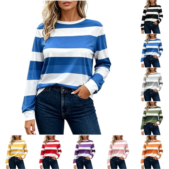 Perfectbot Women's Long Sleeve Striped Crewneck Top Soft Casual Wide Stripe T-Shirt Loose Fit