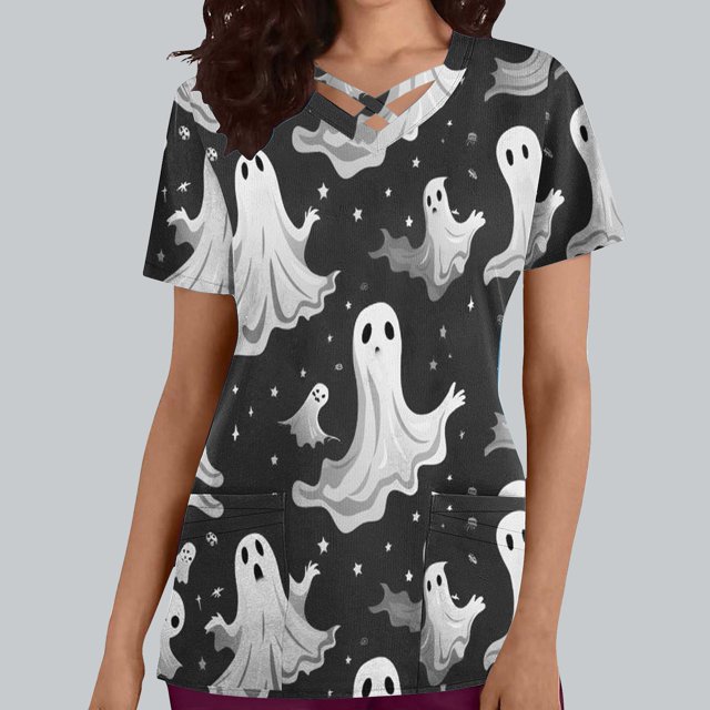 FcBaudy Hauts pour Femmes, Blouses & Chemises à Manches Courtes Col en V Mode Décontractée d'Halloween Imprimé Manches Courtes Col en V Poche Blouse d'Infirmière Polyester pour Femmes