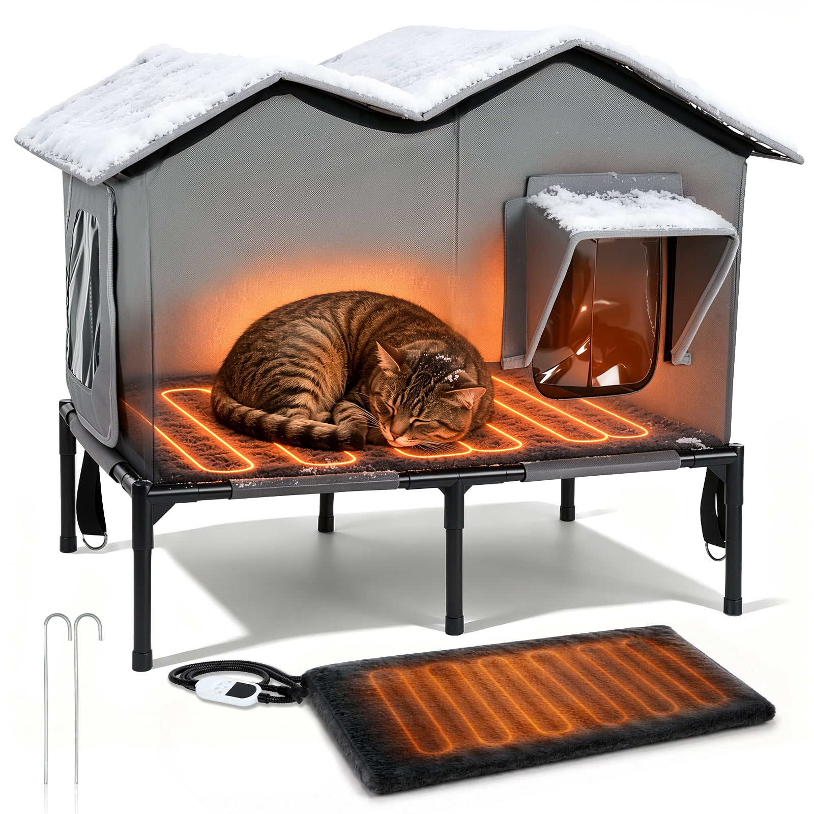 Heated Outdoor Cat House for Winter Weatherproof Insulated Oxford Cloth & Elevated Large Outdoor Feral Cat House with Pet Heating Pad Bed, Outside Cat House for Stray Barn Cats,Grey
