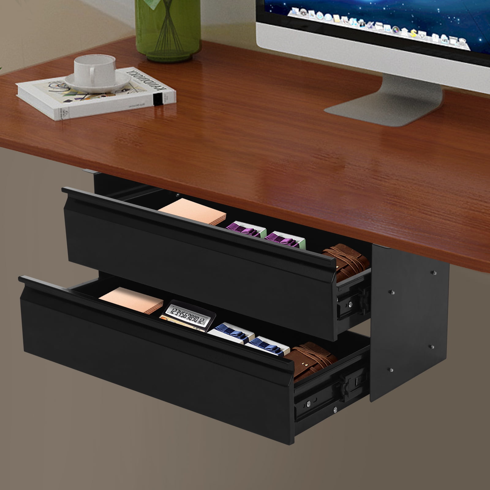 2-tier Sliding Storage Drawer, Black Steel Under Desk Pull-Out Drawer, for Office Desk & Study Stationery, Small Supplies & Desk Storage