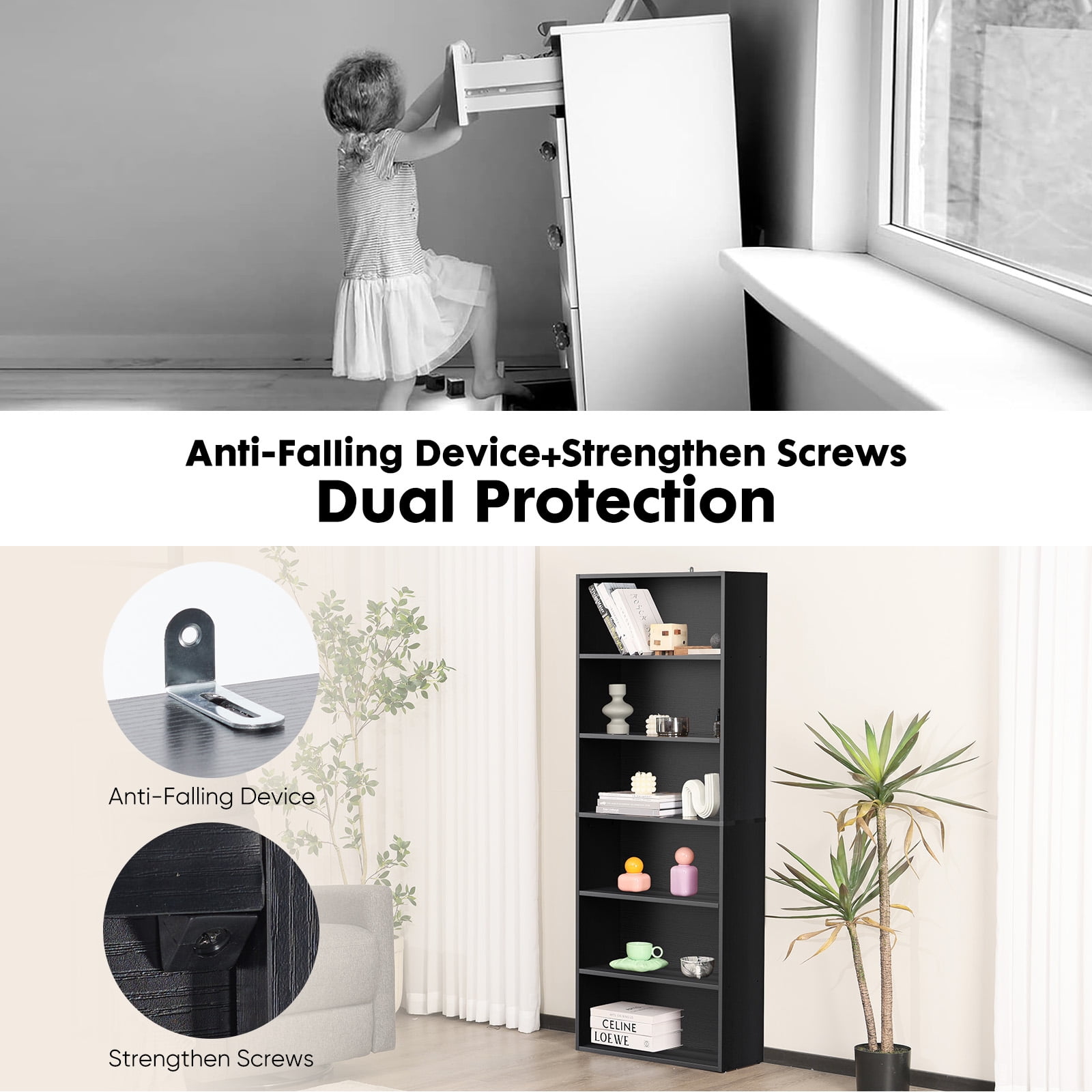 CONCETTA 63 Inch"H 6 Shelf Bookcase, Large Storage Floor Standing Open Bookshelf for Home, Office, Black