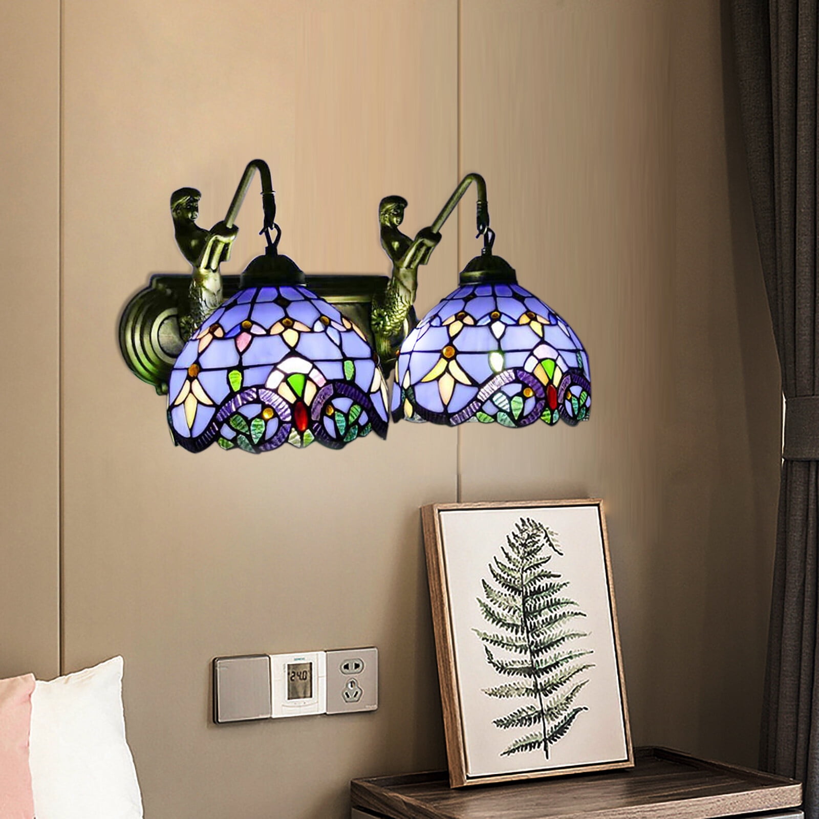 Indoor Tiffany Bathroom Vanity 2-Light Retro Stained Glass Wall Lighting Fixture for Front Doors,Bedrooms