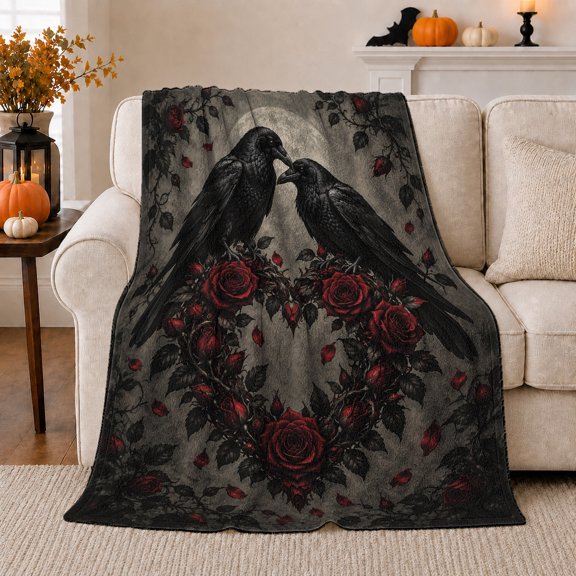 Two Ravens Above A Heart Shaped Wreath, Soft Flannel Blanket with ornate dark Romantic Illustration Print, Housewarming Gift and Home Decor for Bedroom and Living Room