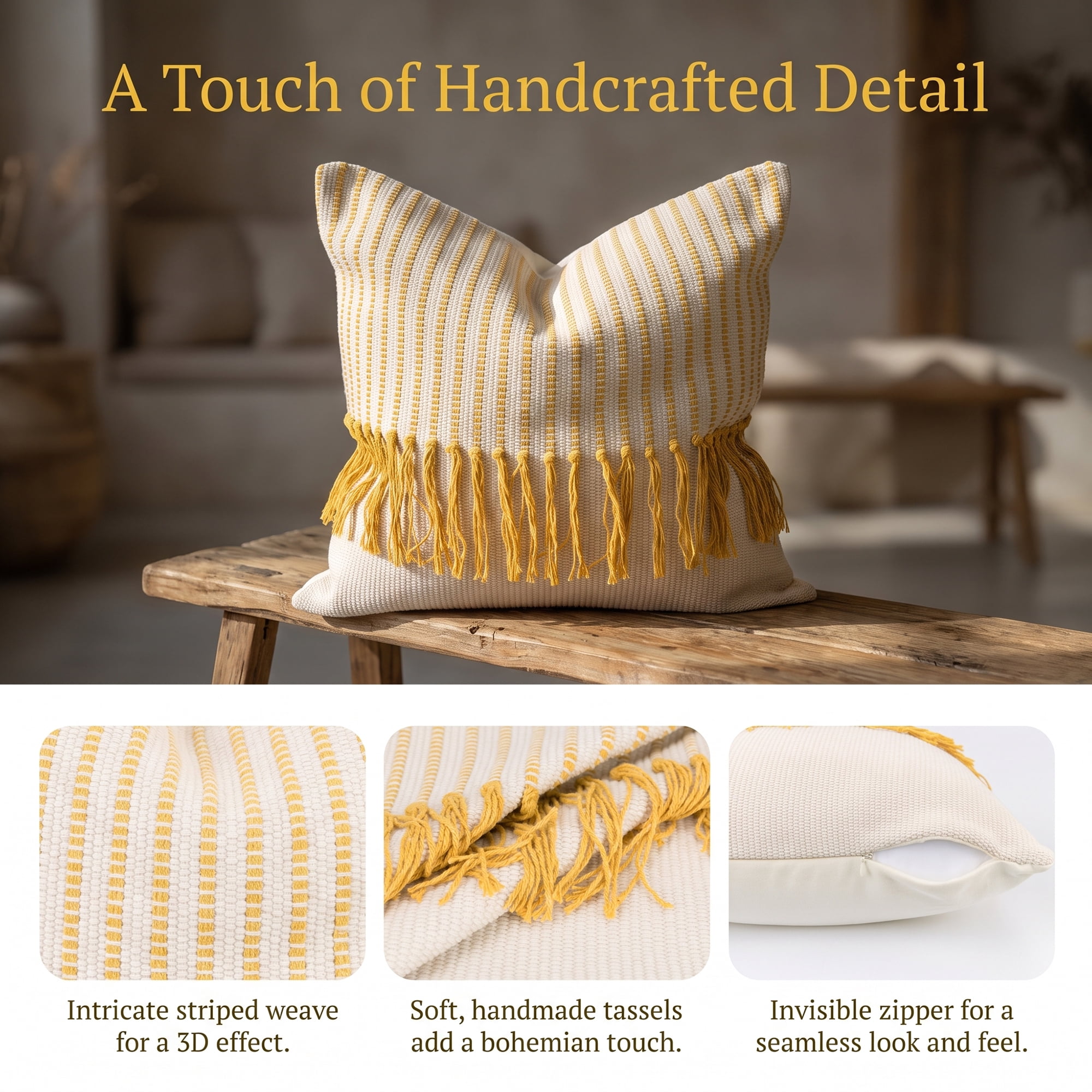 Unique Bargains Woven Striped Throw Pillow Cover Tassels Cushion Case Yellow 18" x 18"
