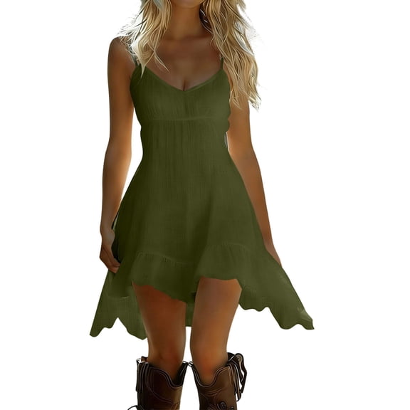aohooy Linen Dress for Women Mini A-Line Tiered Cami Spaghetti Strap Flowy Swing Summer Dresses Ruffled Hem Sundress Army Green,S