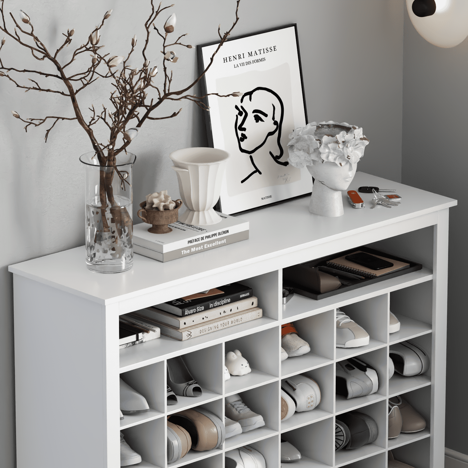 5-Tier Shoe Storage Cabinet, White Freestanding Shoe Rack with 26 Cubbies, Modern Wooden Shoe Organizer with 24 Pair Shoe for Entryway, Closet, Living Room, White