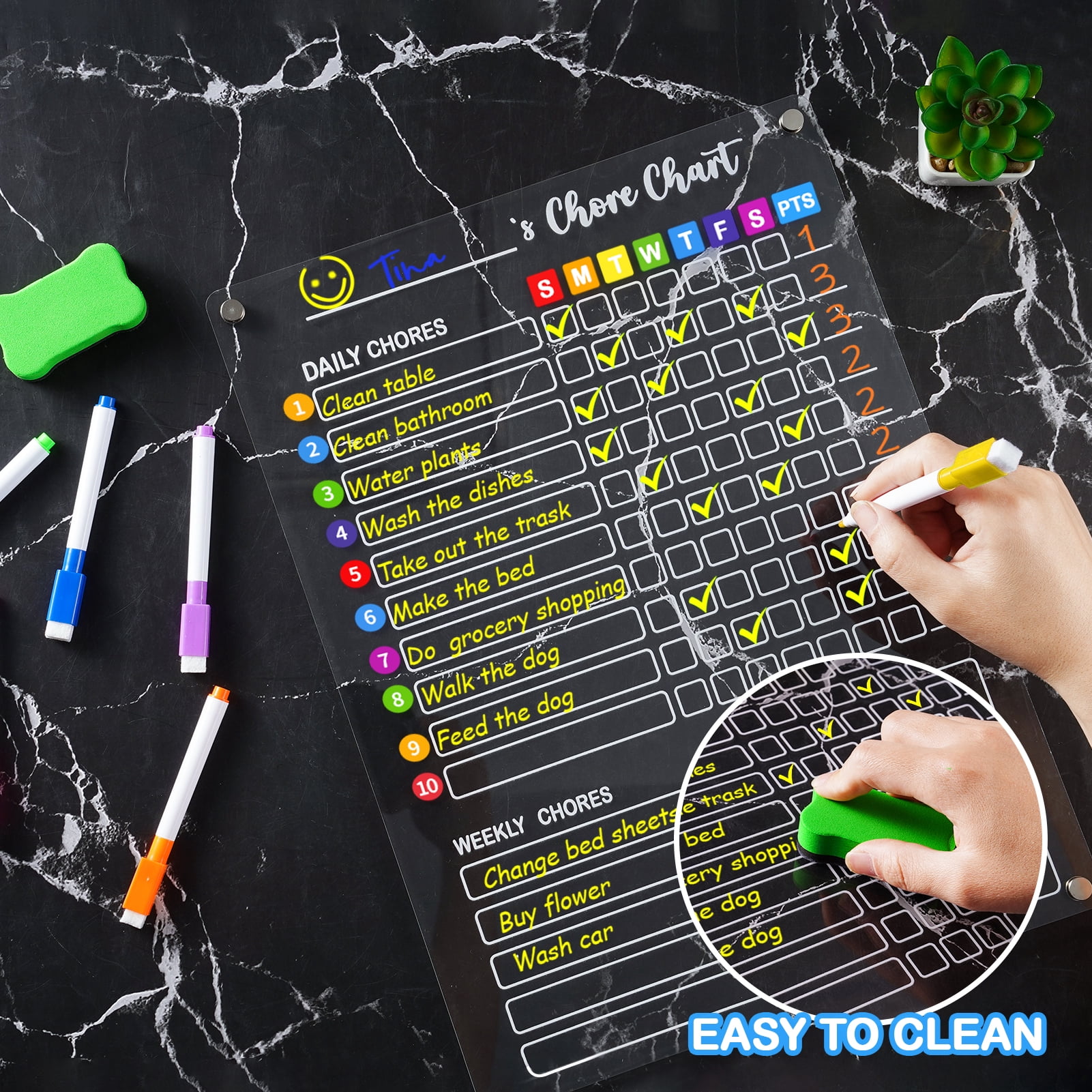 BrilhoGlee 2 Pack Acrylic Magnetic Chore Chart for Kids, 16"x12" Dry Erase Reward & Behavior Board, Magnetic Calendar for Fridge, Reusable Daily Routine Chart for Multiple Kids