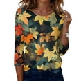 thumbnail image 3 of Womens Crew Neck 3/4 Length Sleeve Tees Fall Leaf Print Loose Fit Casual Shirts Curved Hem Lightweight Dressy Tunic Tops ,S,Light Green, 3 of 7