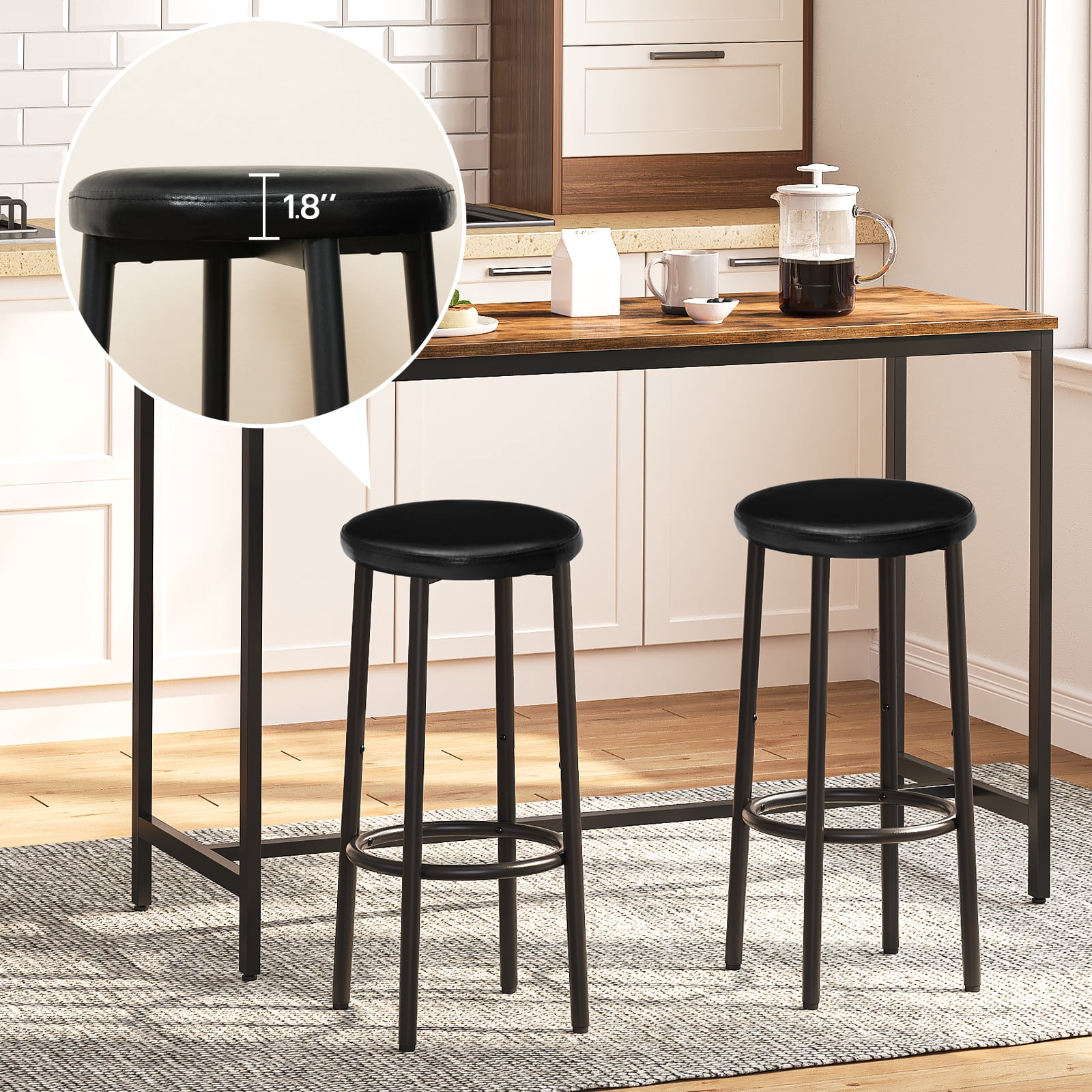 HOOBRO Round Bar Stools Set of 2, PU Upholstered Bar Stools, Bar Chairs with Footrest, Easy Assembly and Cleaning, for Kitchen, Dining Room, Cafe, Black BB30BY01
