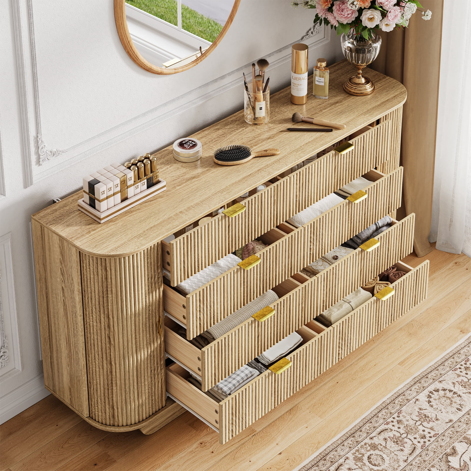 63'' Wide FOUHIU Fluted 8-Drawer Dresser – Modern Wooden Storage for Bedroom, Living Room, Hallway