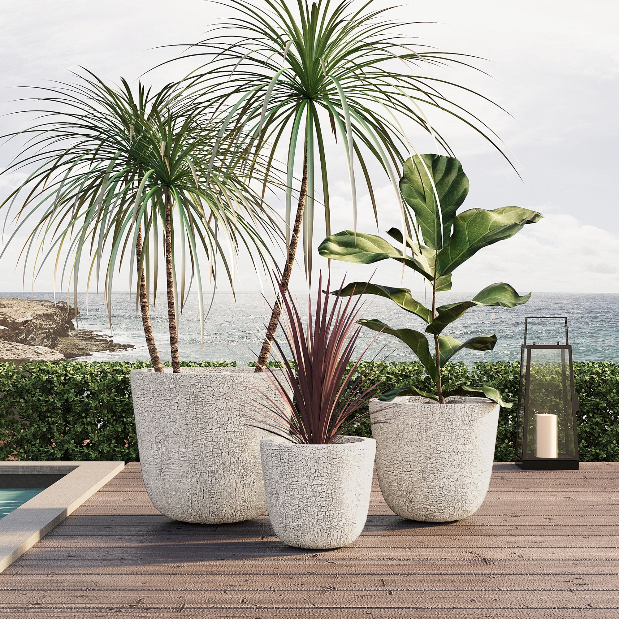Harper & Bright Designs 3 Pieces Outdoor Concrete Planter Set, Patio Flower Pots Stone-Look Textured with Drainage Holes and Rubber Plug for Garden Poolside, Beige