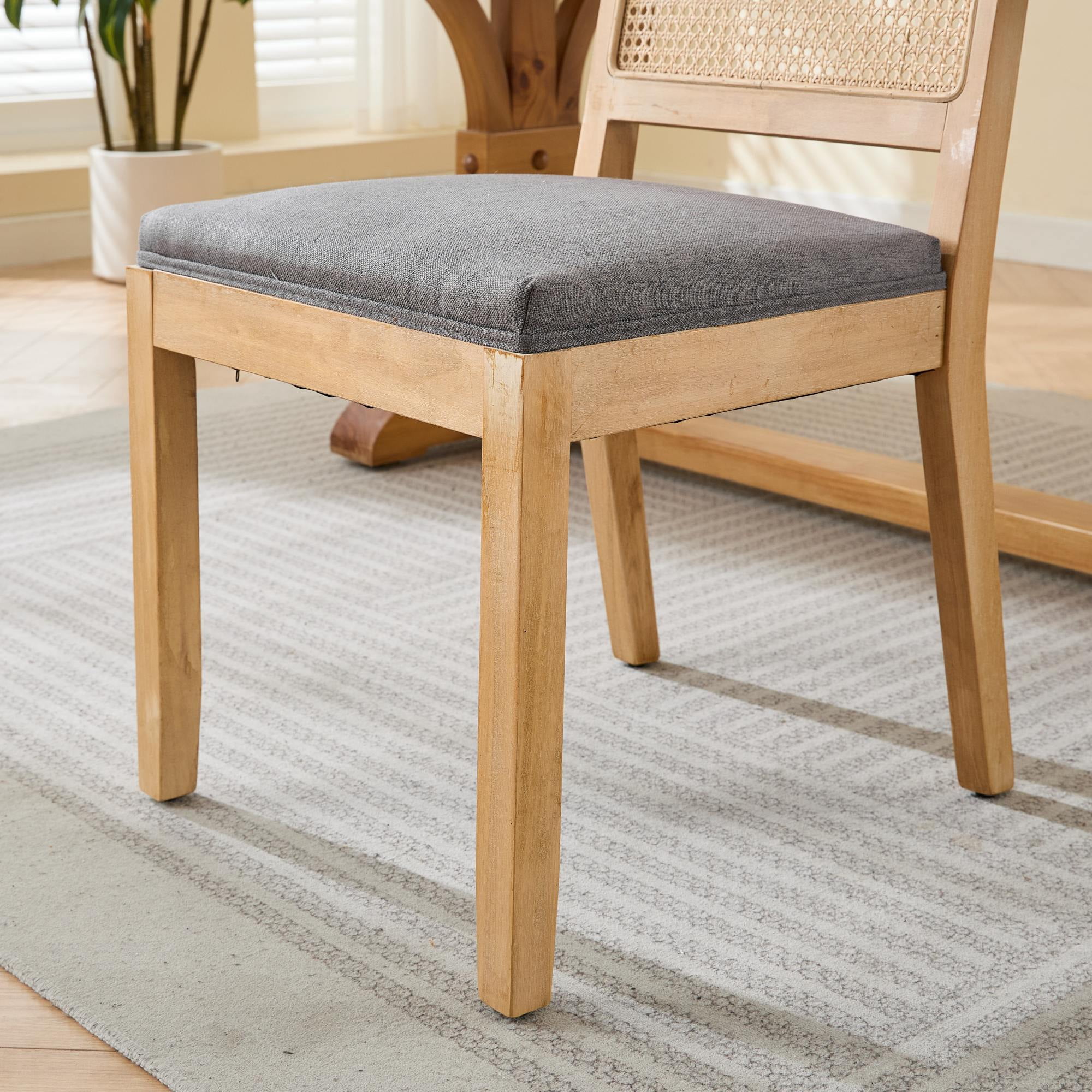 MAYEERTY Farmhouse Rattan Dining Chairs - Mid-Century Modern, Cane Upholstery, Natural Hardwood Frame, Gray, Set of 2