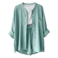 thumbnail image 4 of Hurxie 2 Piece Linen Set for Women Oversized Wrinkle Long Sleeve Button Down Shirts and Drawstring Shorts Beach Outfit Sets Mint Green,3XL, 4 of 5