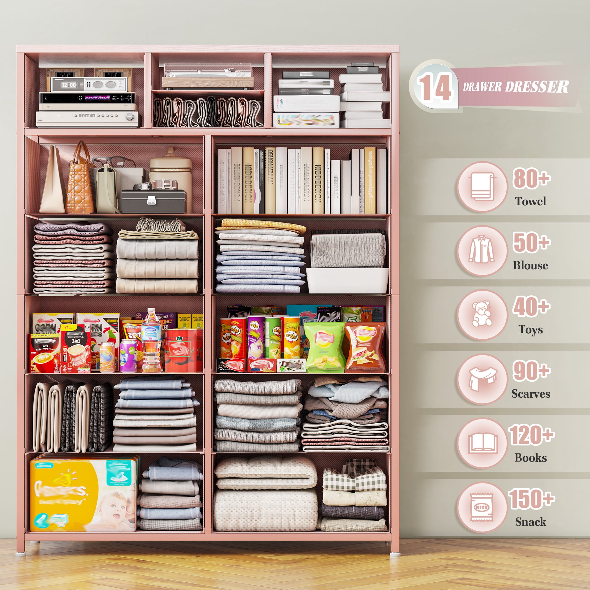 EnHomee Dressers for Bedroom with 14 Fabric Drawers Tall Dresser & Chests of Drawers Storage Tower for Living Room, Pink