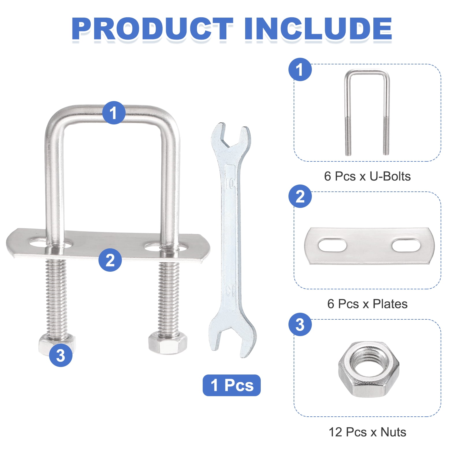 Uxcell 6 Sets M8 Square U-Bolts, 1.02" Inner Width 2.95" Length 304 Stainless Steel U Clamp Bolts with Nuts, Plates and Wrench