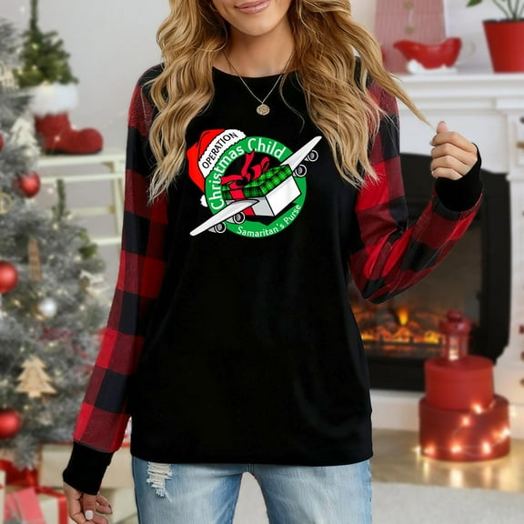 Women's Christmas Plaid Long Sleeve Top, "Operation Christmas Child Samaritan's Purse" Charity-Themed Festive Graphic Casual Shirt