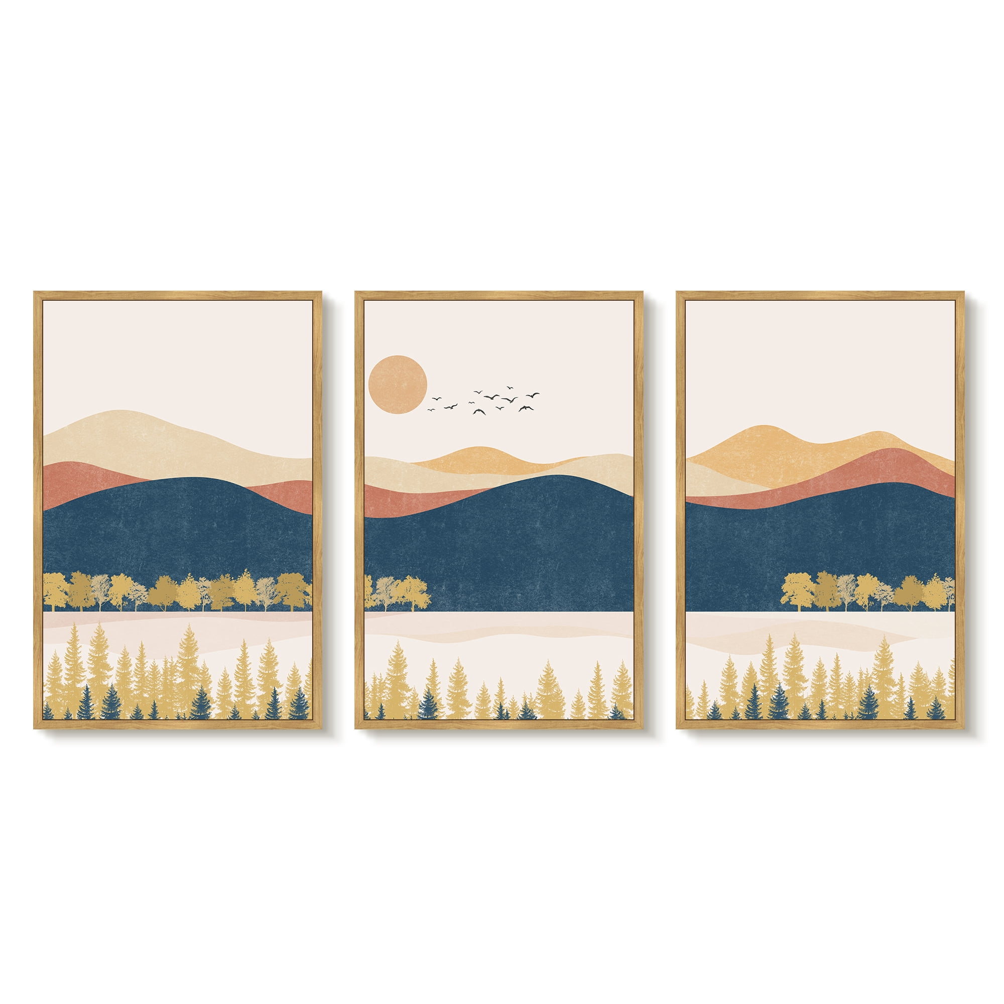 SHENIFY Large 24x36in3pcs Natural Framed Bohemain Mountain Landscape Wall Art Watercolor Nature Artwork Painting Boho Farmhouse Rustic Home Decor